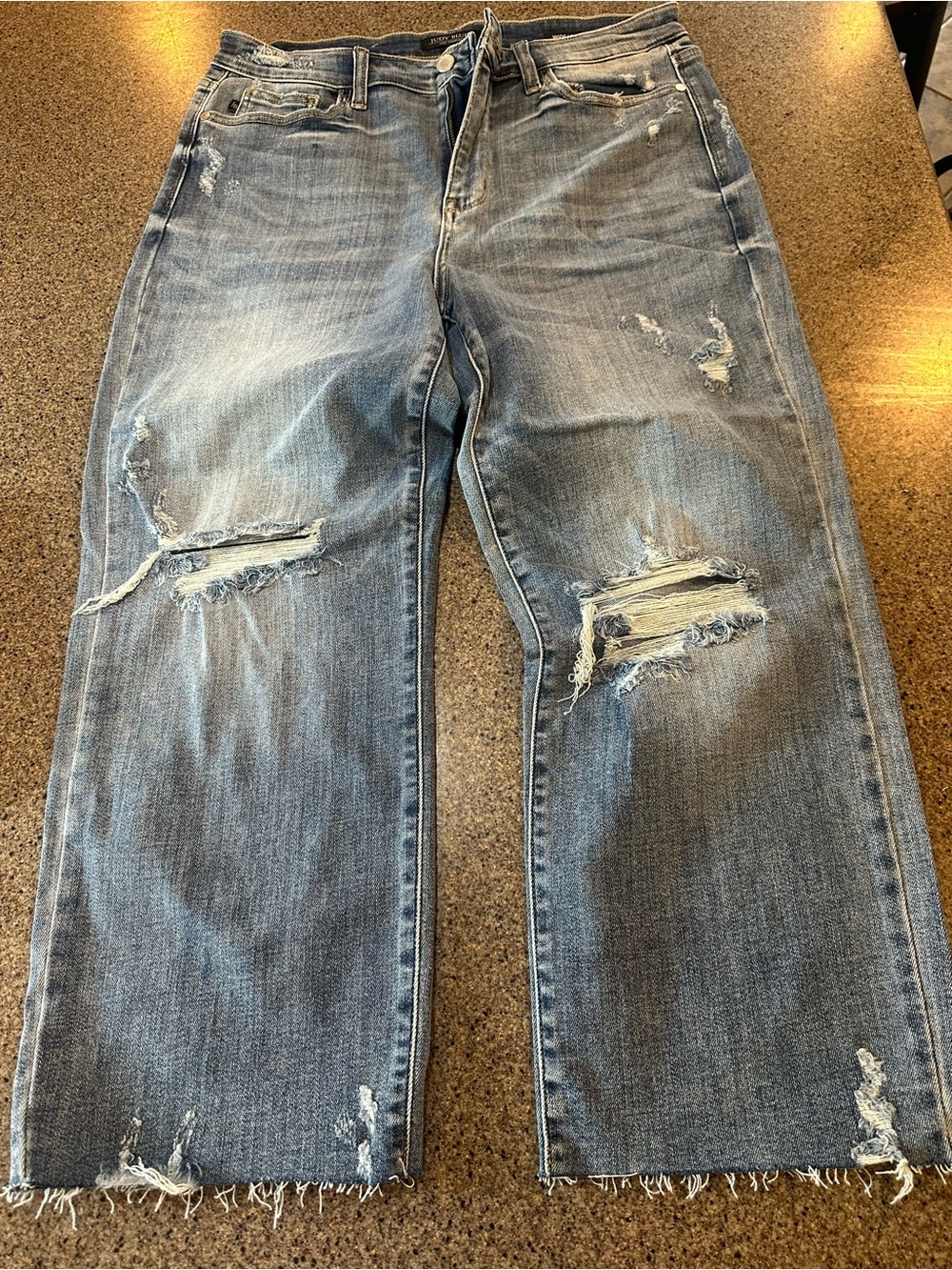 Distressed Blue Denim Jeans - Classic Wide leg